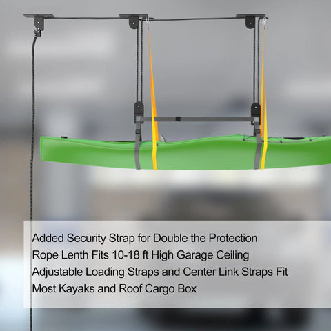 Garage Ceiling Kayak Hoist System With Safety Straps, Heavy Duty Pulley Lift For Kayaks, Holds Up To 150 Lbs shown in use