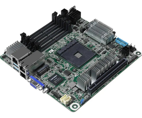 Compact Mini ITX Server Motherboard Supports X570 Chipset And Ryzen 5000 Processors with heatsinks and memory slots.