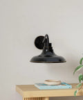 Matte black gooseneck barn outdoor light on wall above wooden shelf, part of Gooseneck Barn Outdoor Light Fixture Set Of 2, Farmhouse Porch Lanterns