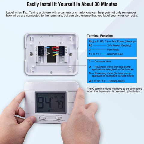 Digital Non Programmable Thermostat For Home 1 Heat 1 Cool Single Stage System With Temperature Humidity Monitor And Large Blue LCD Display Easy To Install And Works With Electric Gas Or Oil Furnaces being installed by hand with wiring instructions.