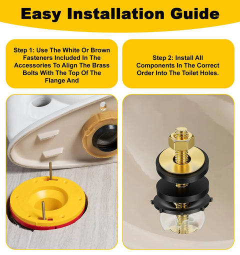 Heavy Duty Toilet Bolts Kit for Floor Installation with Nuts Washers and Caps 2 Pack Premium Anti Rust Metal Flange Bolts Replacement Hardware to Secure Toilet Bowl to Floor, brass bolt install guide