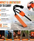 Infographic of 10 Pack Fire Starter Flint Steel Striker Kit For Camping And Hiking Ferro Rod Emergency Outdoor Survival Tools In Orange And Black, showing compact size and portability.