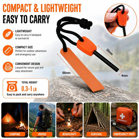 Infographic of 10 Pack Fire Starter Flint Steel Striker Kit For Camping And Hiking Ferro Rod Emergency Outdoor Survival Tools In Orange And Black, showing compact size and portability.