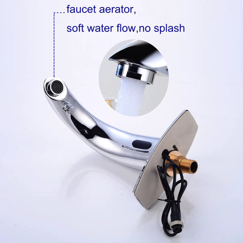 Touchless Bathroom Sink Faucet With Motion Sensor Hands Free Infrared Tap For Commercial Use Battery Operated Control Box Adjustable Temperature Chrome Finish Includes Deck Plate And Hole Cover, showing faucet aerator