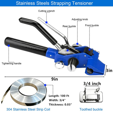 Heavy Duty Metal Banding Kit With 200 Feet 304 Stainless Steel Strapping And 100 Buckles Tensioner Tool Gloves: 304 stainless steel strapping tensioner, 100 ft coil and toothed buckle
