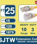 25 Ft Lighted Outdoor Extension Cord With 10 3 SJTW Heavy Duty Yellow Cable And 3 Prong Grounded Plug For Safety UL Listed