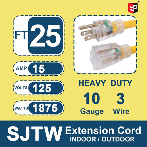 25 Ft Lighted Outdoor Extension Cord With 10 3 SJTW Heavy Duty Yellow Cable And 3 Prong Grounded Plug For Safety UL Listed