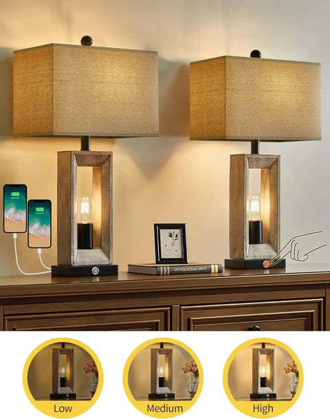 25 Inch Farmhouse Table Lamp With USB C And USB A Ports, Three Way Dimmable Touch Control And Built In Nightlight, two-pack