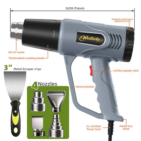 Powerful Heat Gun With 10 Foot Cord For DIY Projects, Dual Temperature 572 and 1112 F, Overload Protection, Includes Nozzles, Scraper