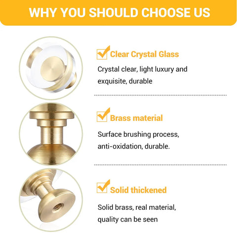 Six Pack One And A Quarter Inch White Glass Crystal Cabinet Knobs Gold Brushed Brass Round Drawer Pulls For Dresser Closet Kitchen Cabinets And Bifold Doors Hardware Sleek Swanky Finish, close-up view