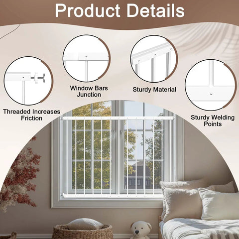 Adjustable Child Safety Window Guard Bars Keep The Kiddos Secure Interior Fall Prevention Rig White Frame with sturdy junctions.