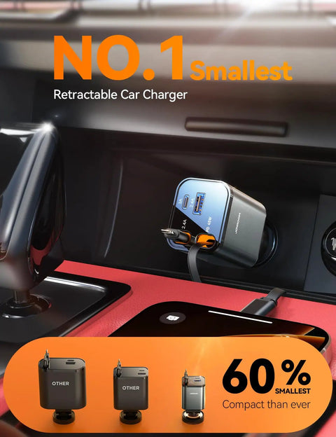 Ultra Compact 4 In 1 Retractable Car Charger With 84W USB C Fast Charging in car cigarette lighter socket
