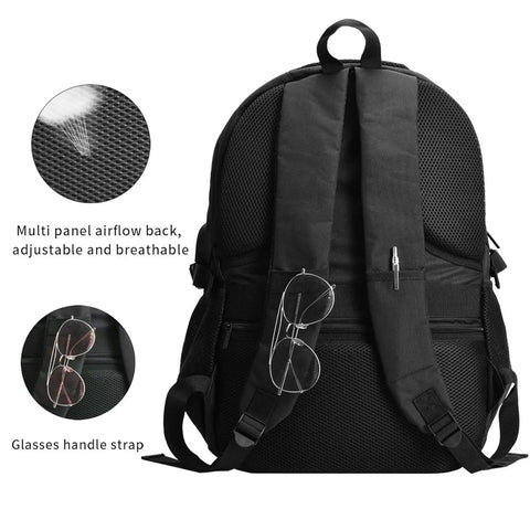 Back view of Conveyor Belt Inspired Travel Laptop Backpack with breathable mesh, glasses strap, and adjustable straps in polyester.