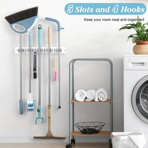 Heavy Duty Wall Mount Mop And Broom Organizer With Five Slots And Four Hooks in laundry room setup