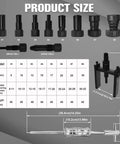 12-Piece Motorcycle Bearing Puller Kit With Slide Hammer, showing collets, drive pins, jaw puller, and slide hammer with dimensions.