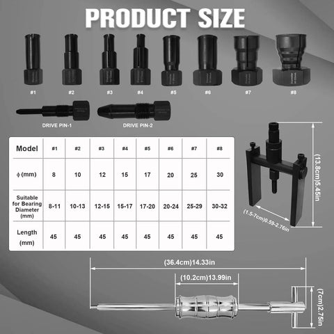 12-Piece Motorcycle Bearing Puller Kit With Slide Hammer, showing collets, drive pins, jaw puller, and slide hammer with dimensions.