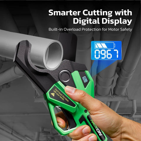 Cordless 18V PVC Pipe Cutter With LCD Display And Rechargeable Battery cutting PVC pipe, efficient tool for pros.