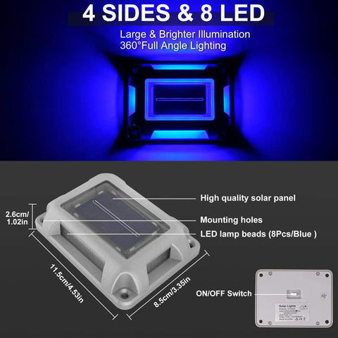 Eight Pack Solar Dock Lights For Driveways And Pathways, Waterproof Outdoor LED Aluminum Step Lights, 1200mAh Battery, Blue
