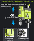 Powerful 880W Bench Drill Press With Adjustable Speed And Integrated Vise, showing adjustable lifting head for drilling.