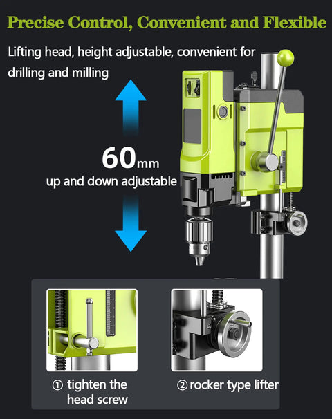 Powerful 880W Bench Drill Press With Adjustable Speed And Integrated Vise, showing adjustable lifting head for drilling.