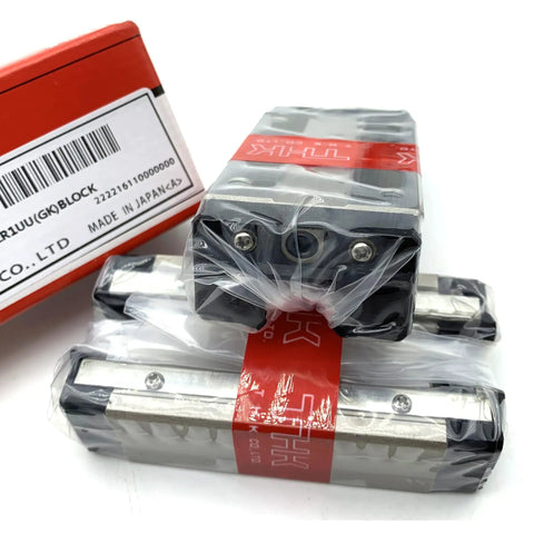 Beefy Heavy Duty Linear Guide Block Set HSR20R Series with Rails and Carriage for CNC Machines, wrapped and labeled.