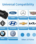Keep Your Electric Ride Rolling Smooth With This Badass J1772 Ev Extension Cord, 32 Amp Level One And Two Compatible, Stretched Twenty One Feet For Garage Or Street Charging. Image showing compatibility with major EV brands.