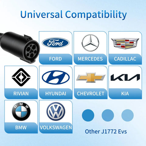 Keep Your Electric Ride Rolling Smooth With This Badass J1772 Ev Extension Cord, 32 Amp Level One And Two Compatible, Stretched Twenty One Feet For Garage Or Street Charging. Image showing compatibility with major EV brands.