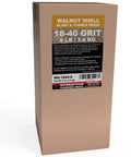 Fine Walnut Shell Media 18 To 40 Grit For Tumbling And Blasting, 8 Pound Pack displayed on product box with label details