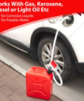 FEEDRON automatic fuel transfer pump with 51in hose, red plastic gas can beside car fueling setup