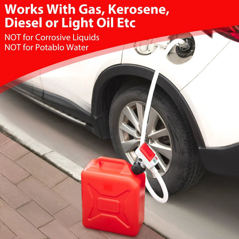 FEEDRON automatic fuel transfer pump with 51in hose, red plastic gas can beside car fueling setup