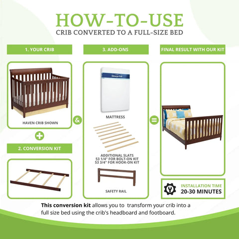 Infographic showing Full Size Conversion Kit Bed Rails For Simmons Kids Convertible Cribs Bolt On Solid Wood Toddler Bed Rails Espresso Truffle Finish Easy Install Nursery Furniture.