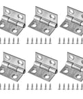 Front view of six 1-inch 304 stainless steel mini hinges with mounting screws for wooden boxes and cabinet doors