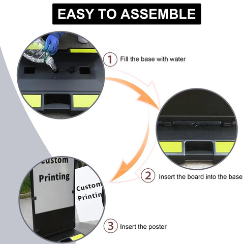 Assembly steps for 2 Pack 24 By 36 Inch Double Sided Sidewalk Sign showing water-filled base and panel insertion.