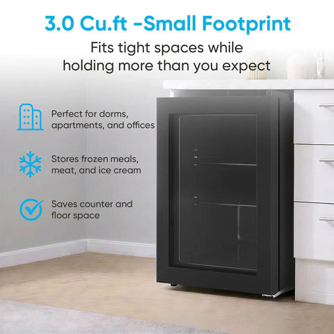 3.0 Cu Ft Upright Freezer With Clear Glass Door Sleek Black Cabinet compact storage fits small spaces in apartments and dorms.