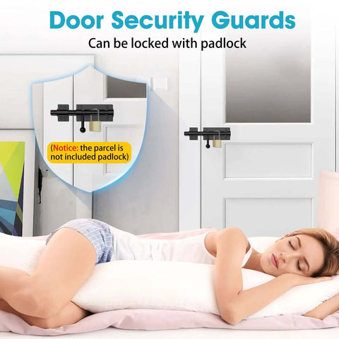 Door with 6.3 Inch Beefy Heavy Duty Barrel Bolt Gate Latch in solid 304 stainless steel, black finish, shown on a bedroom door.