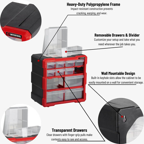 Removable Bin Drawer Small Parts Organizer With 12 Compartments A Handy Storage Box For Screws Bolts Legos Beads Craft Supplies Jewelry And More Great For Garage Workshop Home 10 By 10 By 6 Inches, featuring transparent drawers and wall-mountable design