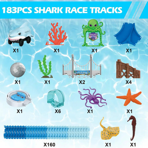 Shark Race Track Set With Bendable Cars For Kids Aged 3 To 9, 183 Piece Ocean Themed STEM Playset Featuring Accessories and Tracks