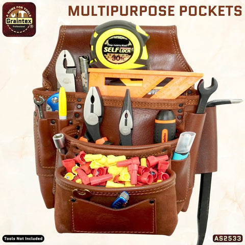 Ambassador Series 10 Pocket Framers Tool Pouch Pro Grade Nail And Tool Holder Built For Pros Made From Genuine Top Grain Leather For Framers Electricians Plumbers And Handymen Chestnut Brown with tools.
