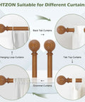 Two Pack Imitation Wood Grain Curtain Rods With Ball Finials, Adjustable 1 Inch Diameter Rails For 28 To 48 Inch Windows, Boho Farmhouse Rustic Style Drapery Rod Set, Heavy Duty Brown, No Fuss Install displayed with different curtain attachments options including back tab, tab top, hanging loop, and grommet curtains.