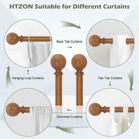 Two Pack Imitation Wood Grain Curtain Rods With Ball Finials, Adjustable 1 Inch Diameter Rails For 28 To 48 Inch Windows, Boho Farmhouse Rustic Style Drapery Rod Set, Heavy Duty Brown, No Fuss Install displayed with different curtain attachments options including back tab, tab top, hanging loop, and grommet curtains.