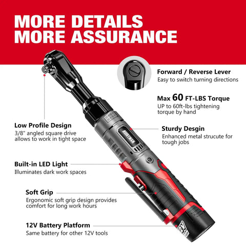 Cordless Three Eighths Inch Ratchet Wrench Set With Extended Head For Tight Spots, Sixty Foot Pounds Of Torque, Twelve Volt Variable Speed, Includes Six Sockets, LED Light, One Quarter Inch Adapter, One Half Inch Adapter, And Two Batteries. Image shows wrench set features like soft grip and LED light.