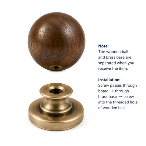 The Real Deal Natural Walnut And Antique Brass Cabinet Knobs Six Pack Hella Sturdy Round Ball Handles For Kitchen Drawers - Solid walnut knob with brass base.