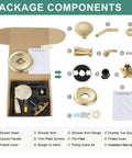 Dope Matte Black Shower System With Tub Spout And Valve Included, package components in open box layout with brass parts