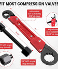 6 Piece Plumbing Tools Kit With Angle Stop Wrench Half Inch Compression Sleeve Puller Sandpaper And Storage Bag DIY Ready Pro Plumber Grade Wrench Set For Replacing Frozen Or Corroded Angle Stops, showcasing adjustable wrench with 5/8 to 15/16 jaw size and compression valve.