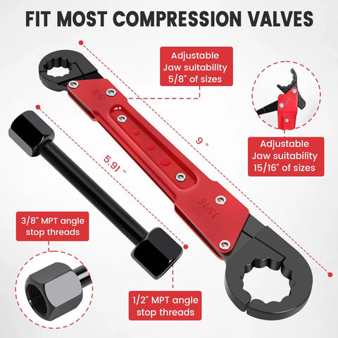 6 Piece Plumbing Tools Kit With Angle Stop Wrench Half Inch Compression Sleeve Puller Sandpaper And Storage Bag DIY Ready Pro Plumber Grade Wrench Set For Replacing Frozen Or Corroded Angle Stops, showcasing adjustable wrench with 5/8 to 15/16 jaw size and compression valve.