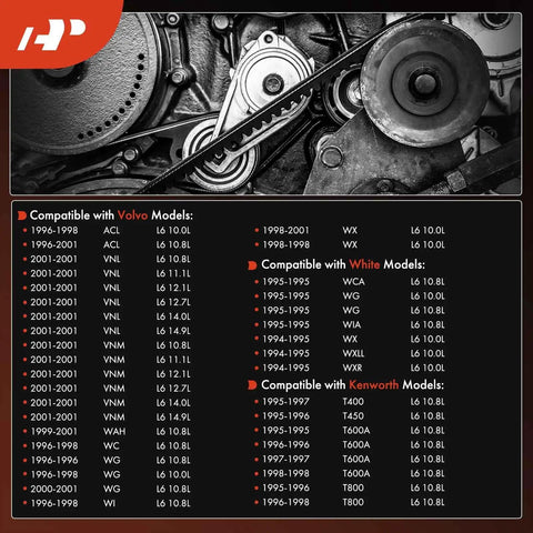 Image showing a serpentine drive belt system for cars with compatibility list for Volvo, White, and Kenworth models.