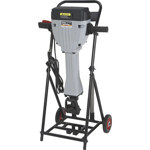 Heavy Duty Breaker Hammer Kit With Cart 15 Amp Motor 110V Power Smashes Concrete Like A Champ on a black rolling cart.