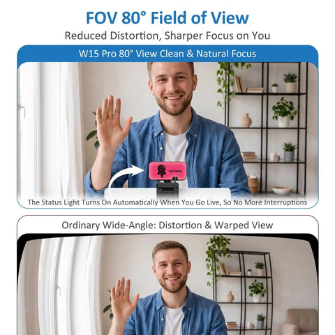 2K Webcam With Built In Ring Light Ultra HD web camera shows 80° FOV with user waving, clean focus for video calls.