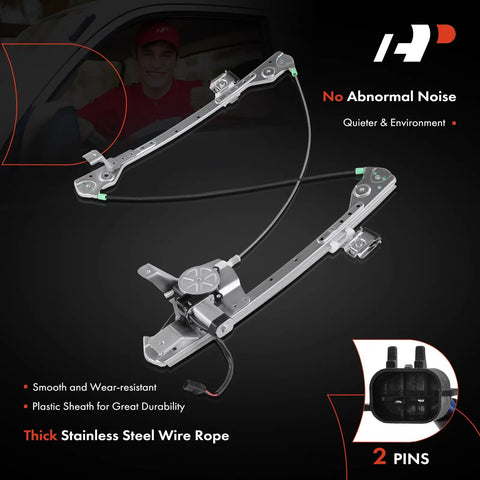 Beefy Front Driver Side Power Window Regulator With 2 Pin Motor For Chrysler Pacifica 2004 2005 2006 SUV OEM Replacement Direct Fit Front Left Window Regulator Assembly, silver steel cable