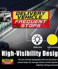 Delivery Vehicle Magnet Sign Set 9x4 Inches Weatherproof Reflective Warnings for Frequent Stops in red and yellow shown on road.